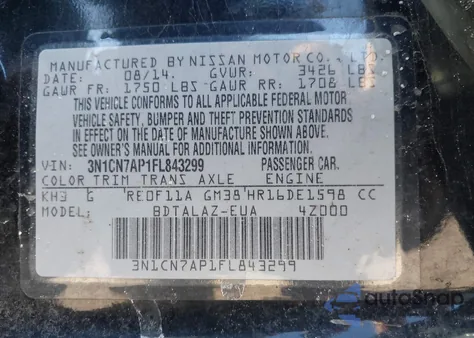 2015 Nissan Versa 1.6 S+ z USA, uszkodzony, nr VIN 3N1CN7AP1FL843299